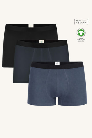 GOTS Sertifikalı Organik Pamuk Erkek Trunk Boxer İç Çamaşırı - 3'lü Paket - Siyah-Antrasit-Lacivert