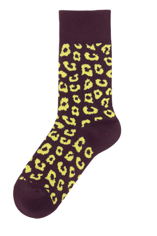 Leopar Desenli Unisex GOTS Sertifikalı Organik Pamuk Çorap – Vegan - Magenta/Limon