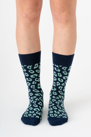 Leopar Desenli Unisex GOTS Sertifikalı Organik Pamuk Çorap – Vegan - Indigo/Kivi