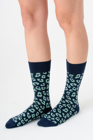 Leopar Desenli Unisex GOTS Sertifikalı Organik Pamuk Çorap – Vegan - Indigo/Kivi