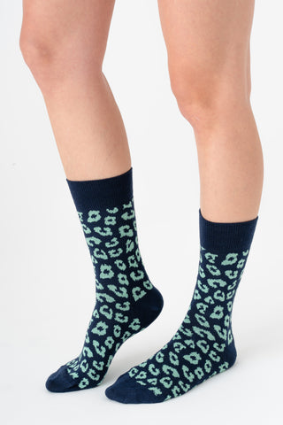 Leopar Desenli Unisex GOTS Sertifikalı Organik Pamuk Çorap – Vegan - Indigo/Kivi
