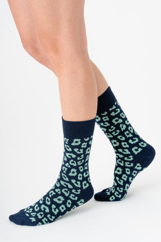 Leopar Desenli Unisex GOTS Sertifikalı Organik Pamuk Çorap – Vegan - Indigo/Kivi