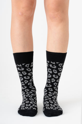Leopar Desenli Unisex GOTS Sertifikalı Organik Pamuk Çorap – Vegan - Siyah/Gri