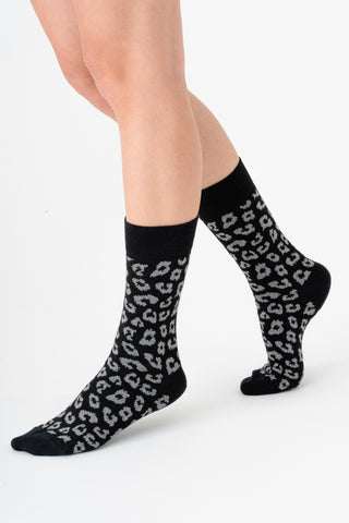 Leopar Desenli Unisex GOTS Sertifikalı Organik Pamuk Çorap – Vegan - Siyah/Gri