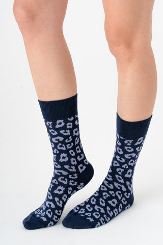Leopar Desenli Unisex GOTS Sertifikalı Organik Pamuk Çorap – Vegan - Indigo/Lavanta